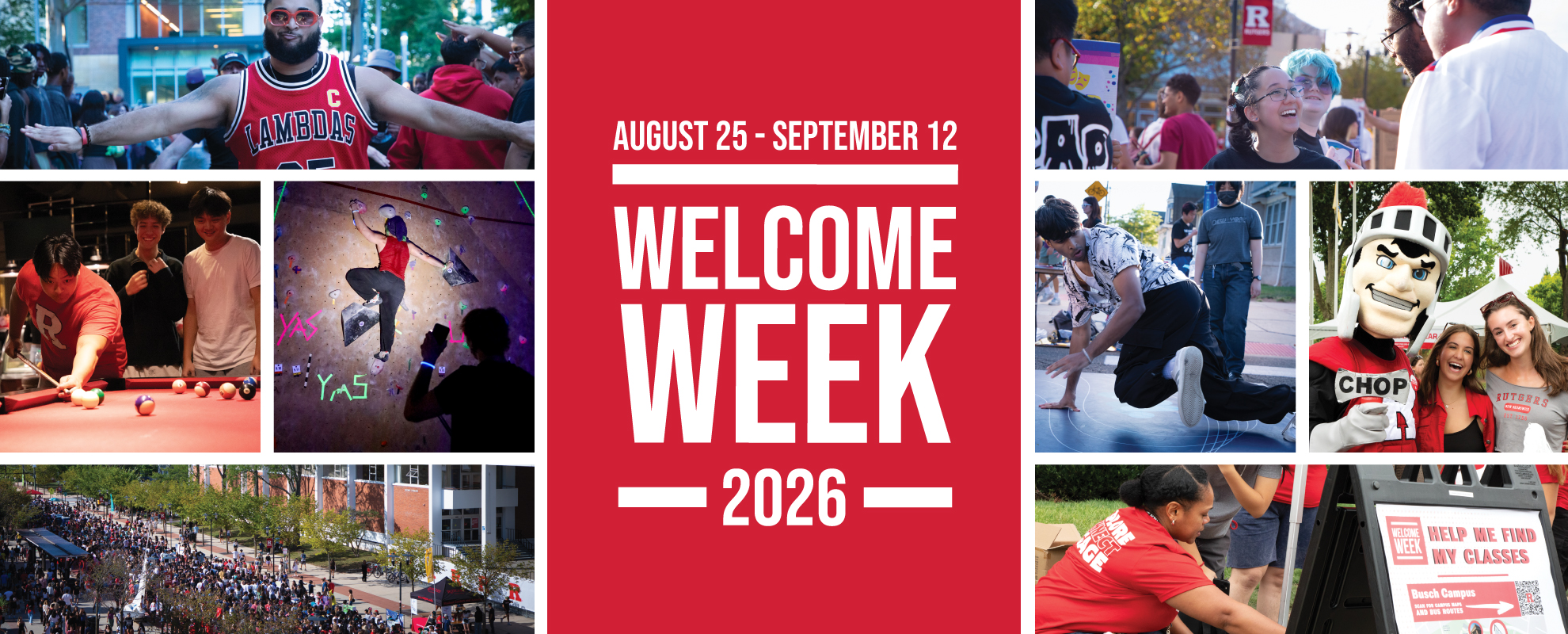 Rutgers Welcome Week 2026, August 25–September 12, featuring students enjoying campus activities, events, and meeting the Scarlet Knight.